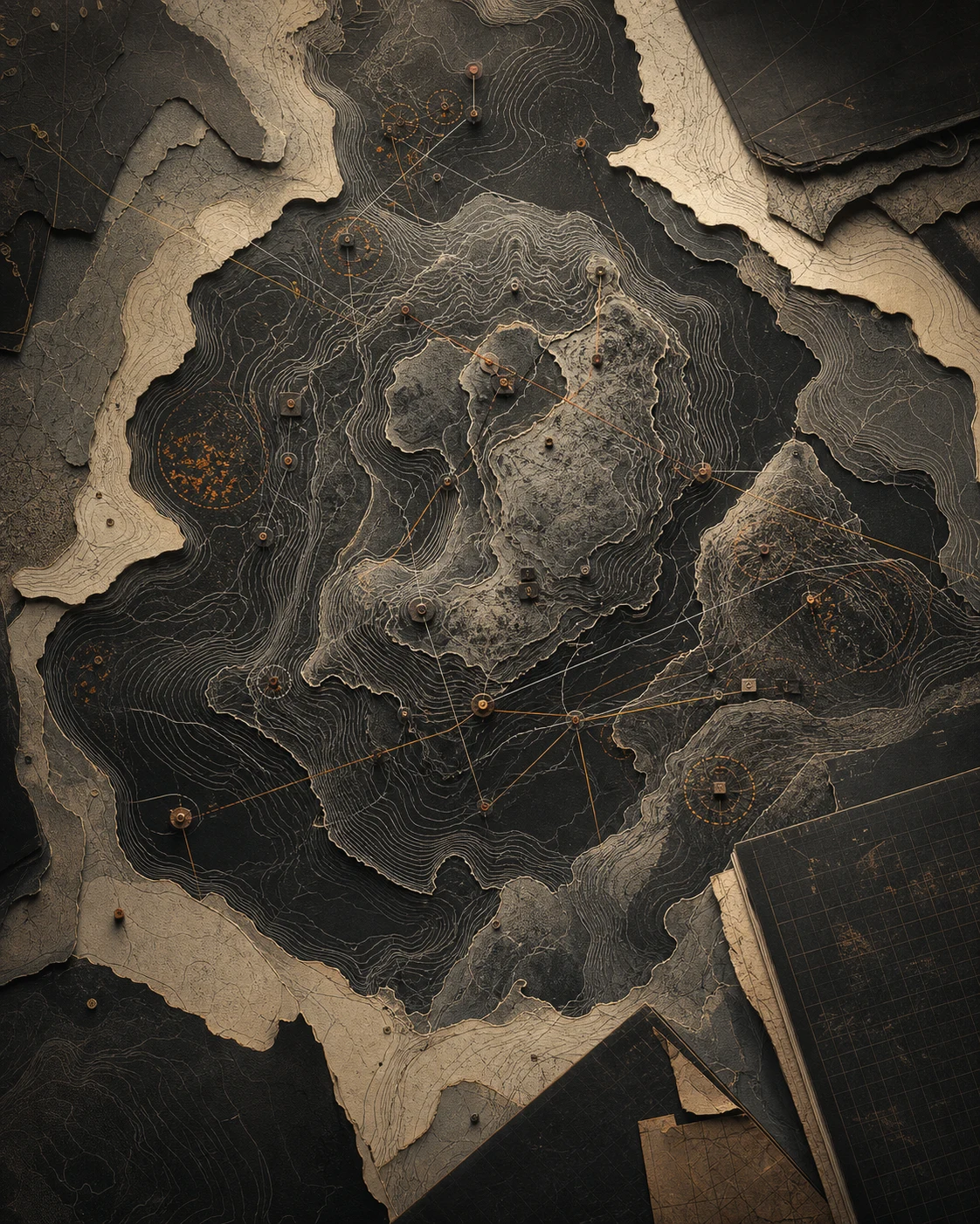 Abstract field map of campaign messages read as a traced landscape.