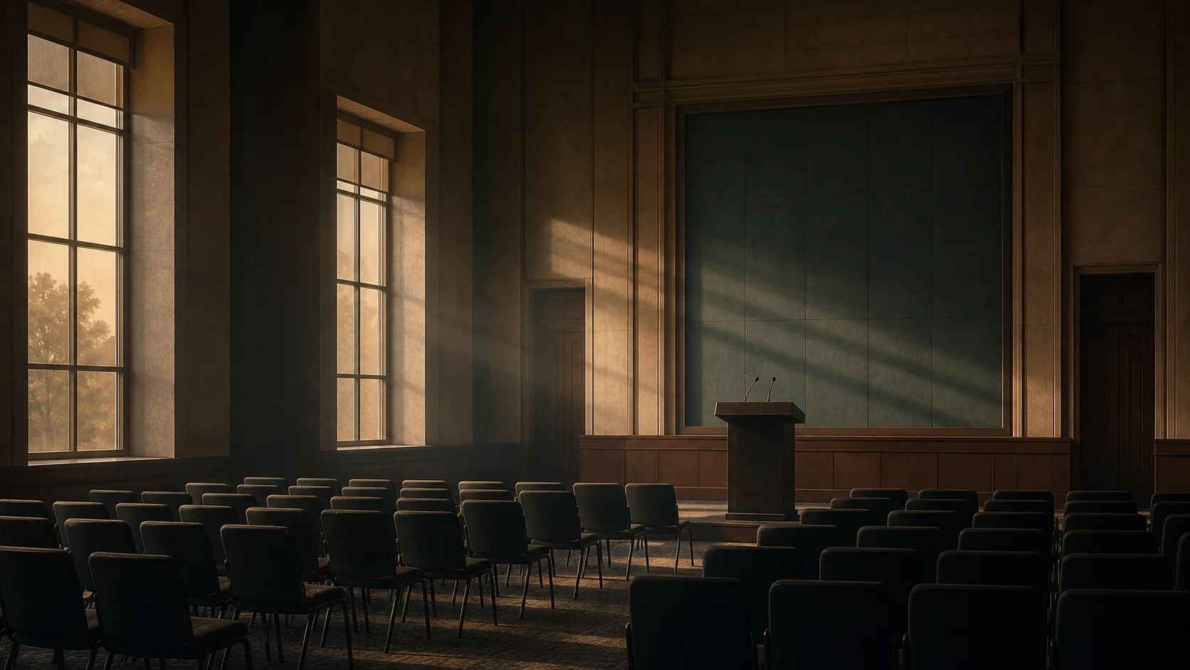 Empty public briefing hall during the silence period.